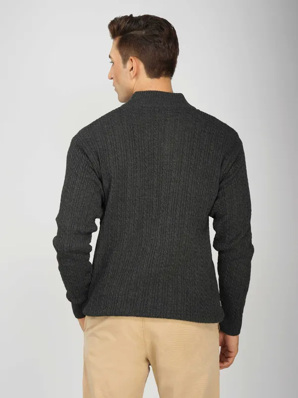 Dark_Grey_Men's_Quarter_Zip_Wool_Blend_Cable_Knit_Sweater_For_Winter