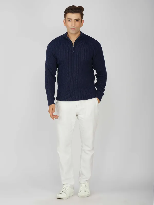 Navy_Men's_Quarter_Zip_Wool_Blend_Cable_Knit_Sweater_For_Winter