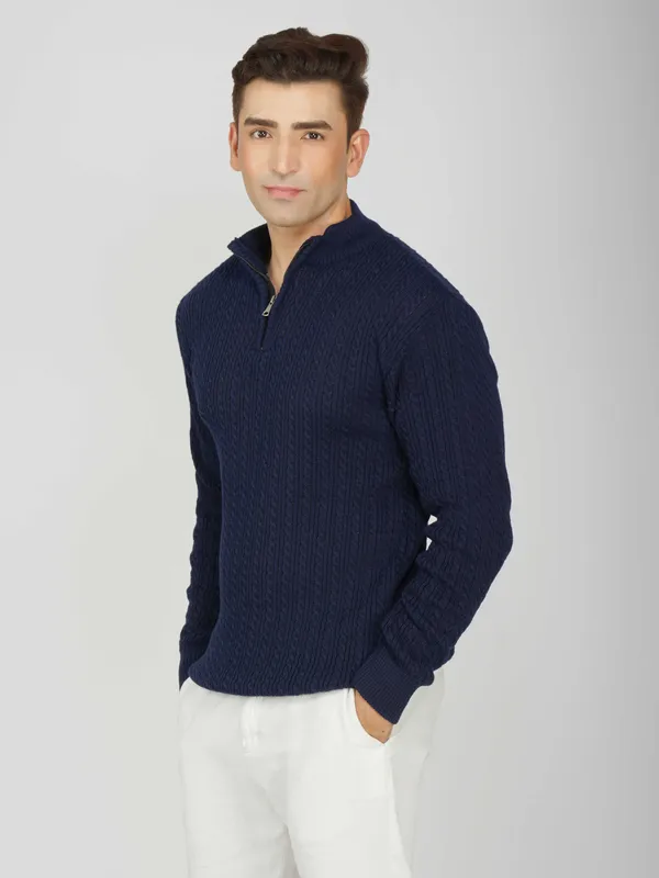 Navy_Men's_Quarter_Zip_Wool_Blend_Cable_Knit_Sweater_For_Winter