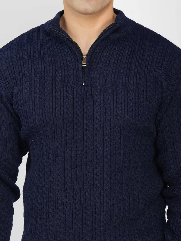 Navy_Men's_Quarter_Zip_Wool_Blend_Cable_Knit_Sweater_For_Winter