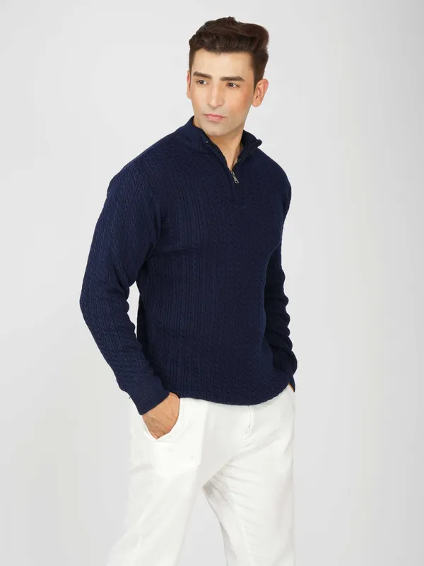 Navy_Men's_Quarter_Zip_Wool_Blend_Cable_Knit_Sweater_For_Winter