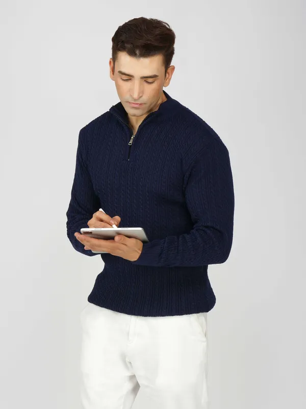 Navy_Men's_Quarter_Zip_Wool_Blend_Cable_Knit_Sweater_For_Winter