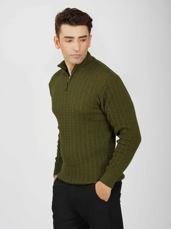 Olive_Men's_Quarter_Zip_Wool_Blend_Cable_Knit_Sweater_For_Winter