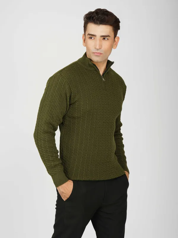 Olive_Men's_Quarter_Zip_Wool_Blend_Cable_Knit_Sweater_For_Winter