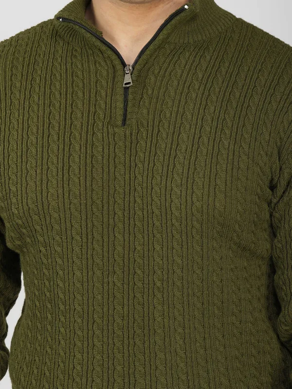 Olive_Men's_Quarter_Zip_Wool_Blend_Cable_Knit_Sweater_For_Winter