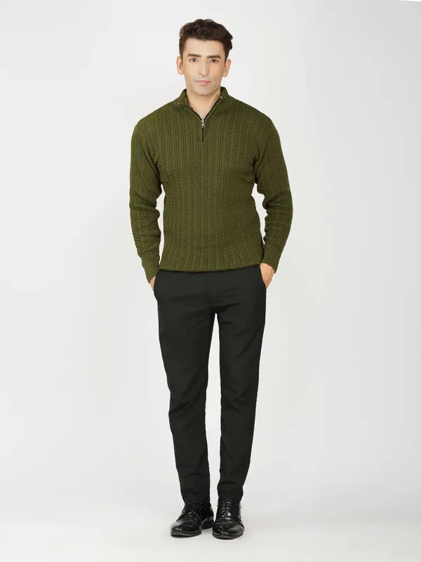 Olive_Men's_Quarter_Zip_Wool_Blend_Cable_Knit_Sweater_For_Winter
