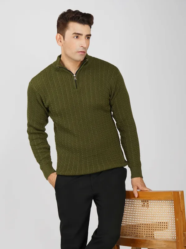 Olive_Men's_Quarter_Zip_Wool_Blend_Cable_Knit_Sweater_For_Winter