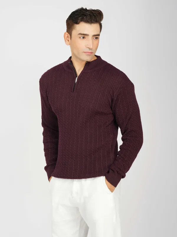 Purple_Men's_Quarter_Zip_Wool_Blend_Cable_Knit_Sweater_For_Winter