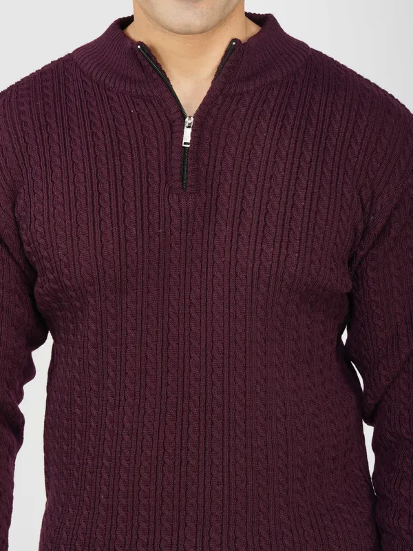 Purple_Men's_Quarter_Zip_Wool_Blend_Cable_Knit_Sweater_For_Winter