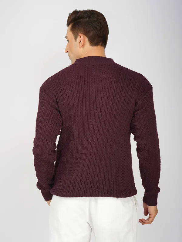 Purple_Men's_Quarter_Zip_Wool_Blend_Cable_Knit_Sweater_For_Winter