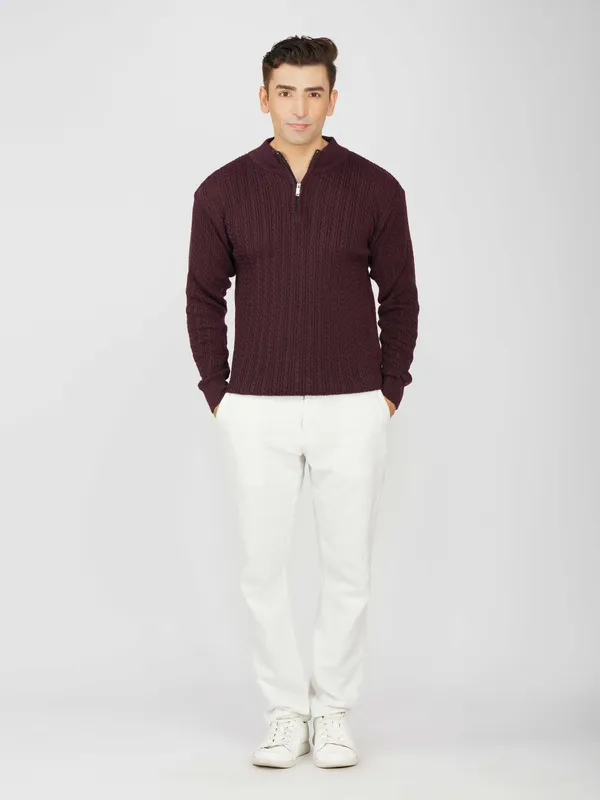 Purple_Men's_Quarter_Zip_Wool_Blend_Cable_Knit_Sweater_For_Winter