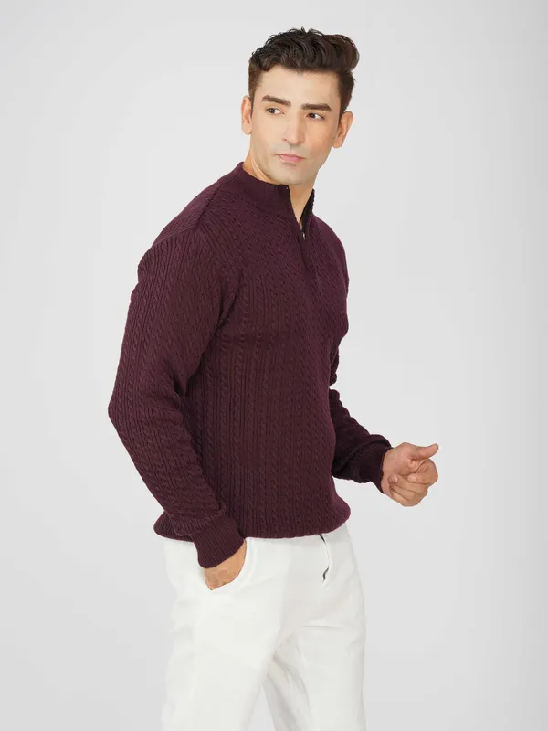 Purple_Men's_Quarter_Zip_Wool_Blend_Cable_Knit_Sweater_For_Winter