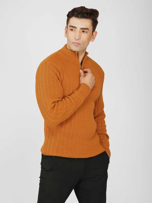 Rust_Men's_Quarter_Zip_Wool_Blend_Cable_Knit_Sweater_For_Winter