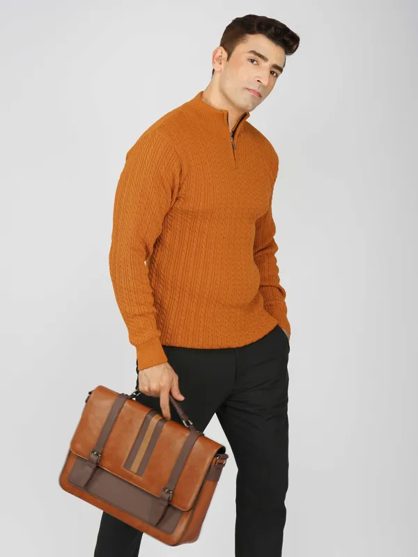 Rust_Men's_Quarter_Zip_Wool_Blend_Cable_Knit_Sweater_For_Winter