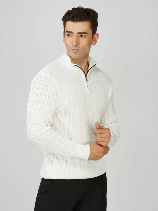 White_Men's_Quarter_Zip_Wool_Blend_Cable_Knit_Sweater_For_Winter