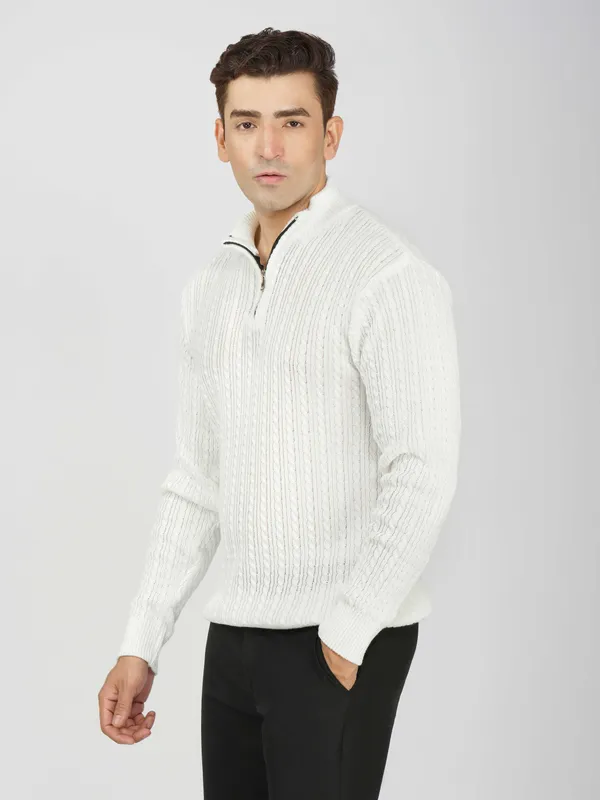 White_Men's_Quarter_Zip_Wool_Blend_Cable_Knit_Sweater_For_Winter