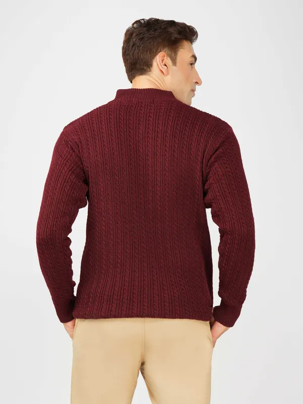Wine_Men's_Quarter_Zip_Wool_Blend_Cable_Knit_Sweater_For_Winter
