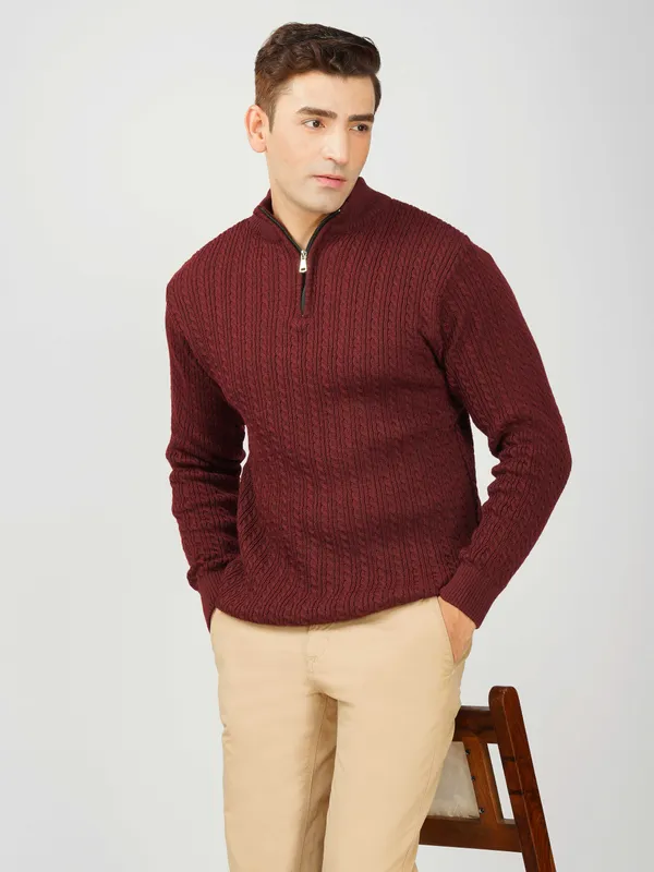 Wine_Men's_Quarter_Zip_Wool_Blend_Cable_Knit_Sweater_For_Winter
