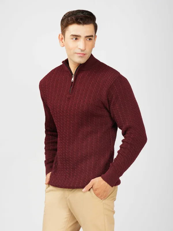 Wine_Men's_Quarter_Zip_Wool_Blend_Cable_Knit_Sweater_For_Winter