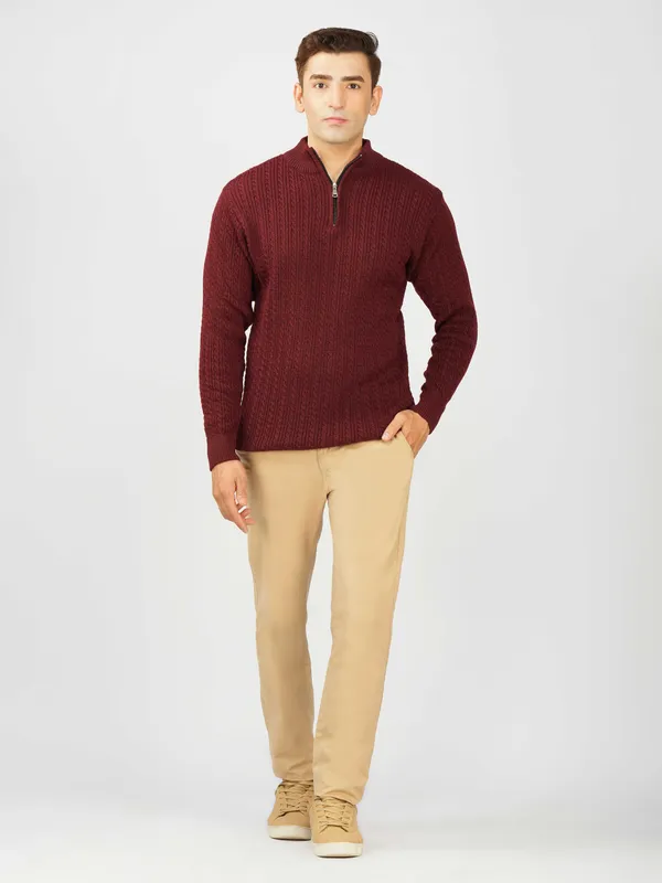 Wine_Men's_Quarter_Zip_Wool_Blend_Cable_Knit_Sweater_For_Winter