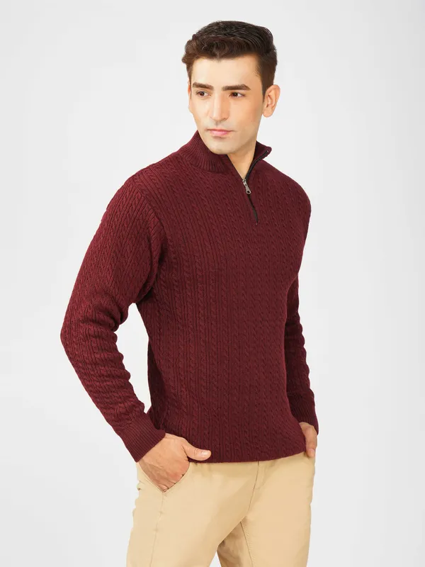 Wine_Men's_Quarter_Zip_Wool_Blend_Cable_Knit_Sweater_For_Winter
