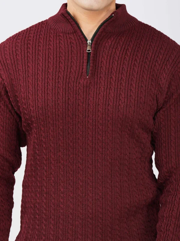 Wine_Men's_Quarter_Zip_Wool_Blend_Cable_Knit_Sweater_For_Winter