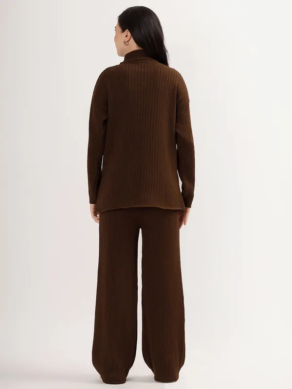 Brown_Women_Woollen_Co-Ord_Set_High_Neck_Ribbed_Knit_Sweater_&_Wide_Leg_Pants_Winter_Warm_Knitwear