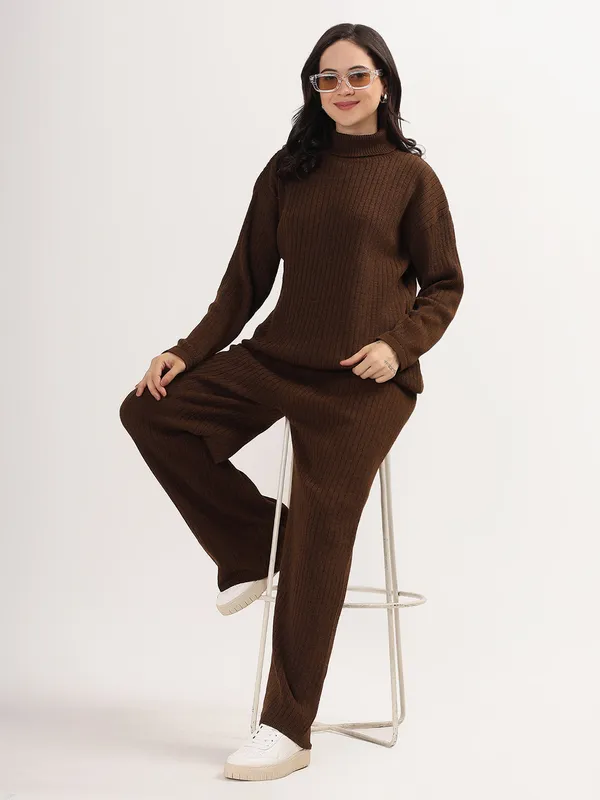 Brown_Women_Woollen_Co-Ord_Set_High_Neck_Ribbed_Knit_Sweater_&_Wide_Leg_Pants_Winter_Warm_Knitwear