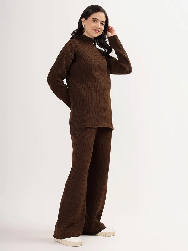 Brown_Women_Woollen_Co-Ord_Set_High_Neck_Ribbed_Knit_Sweater_&_Wide_Leg_Pants_Winter_Warm_Knitwear