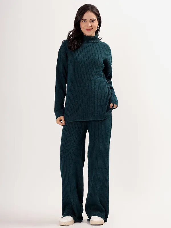 Peacock_Women_Woollen_Co-Ord_Set_High_Neck_Ribbed_Knit_Sweater_&_Wide_Leg_Pants_Winter_Warm_Knitwear