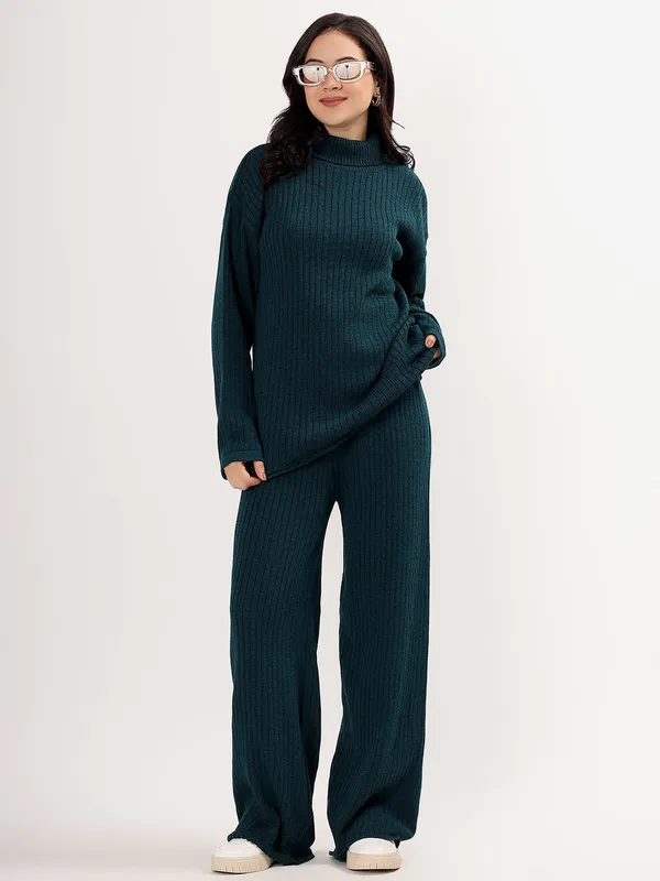Peacock_Women_Woollen_Co-Ord_Set_High_Neck_Ribbed_Knit_Sweater_&_Wide_Leg_Pants_Winter_Warm_Knitwear