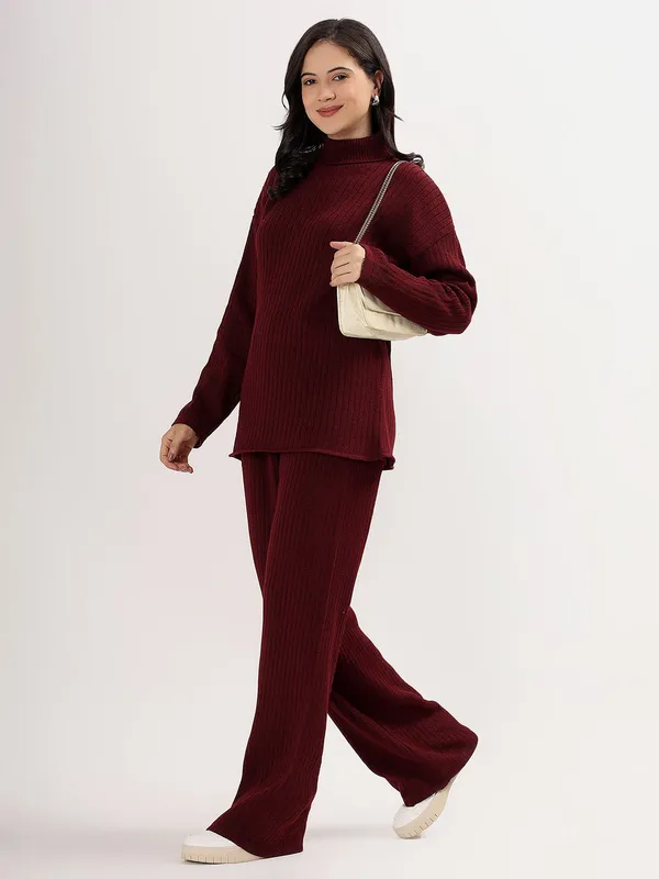Wine_Women_Woollen_Co-Ord_Set_High_Neck_Ribbed_Knit_Sweater_&_Wide_Leg_Pants_Winter_Warm_Knitwear