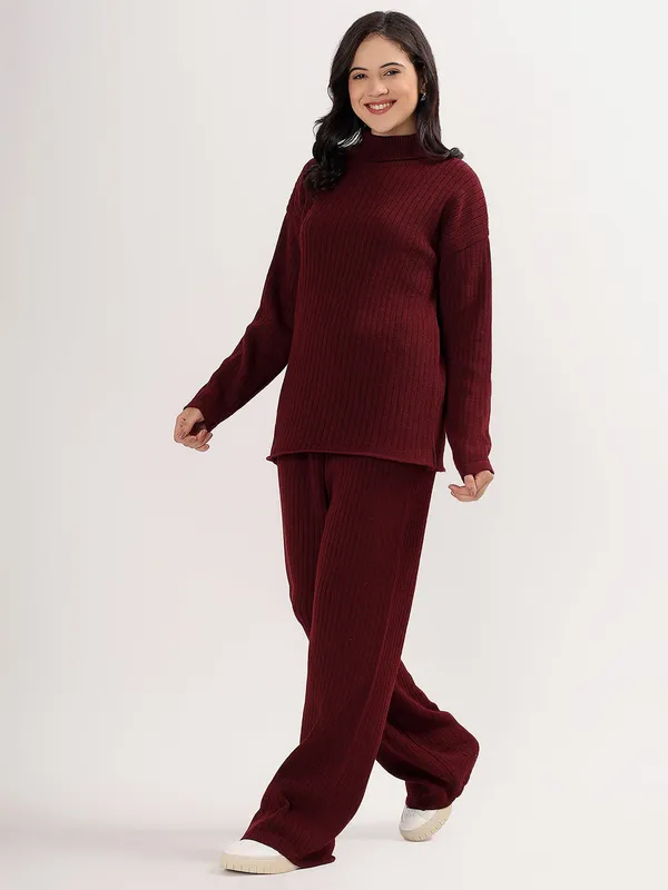Wine_Women_Woollen_Co-Ord_Set_High_Neck_Ribbed_Knit_Sweater_&_Wide_Leg_Pants_Winter_Warm_Knitwear