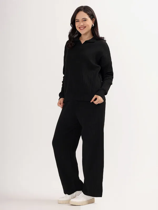 Black_Women_Winter_Lounge_Co-Ord_Set_Ribbed_Knit_Polo_Sweater_&_Wide_Leg_Pajama_Pants