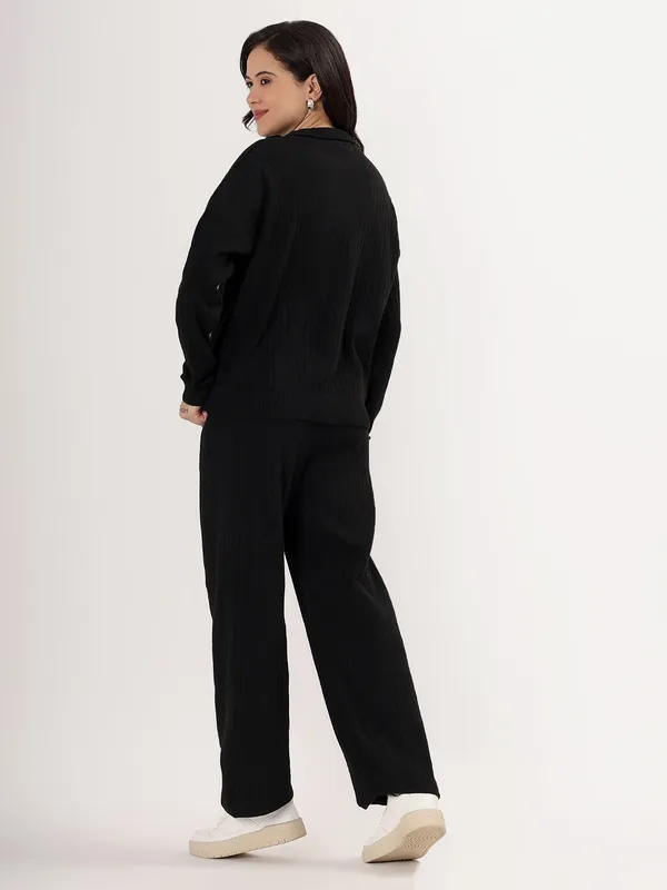 Black_Women_Winter_Lounge_Co-Ord_Set_Ribbed_Knit_Polo_Sweater_&_Wide_Leg_Pajama_Pants