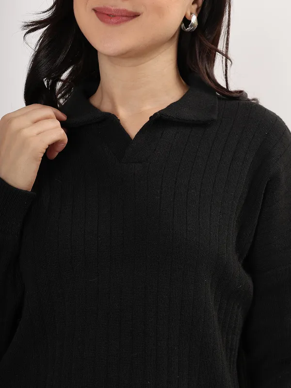 Black_Women_Winter_Lounge_Co-Ord_Set_Ribbed_Knit_Polo_Sweater_&_Wide_Leg_Pajama_Pants