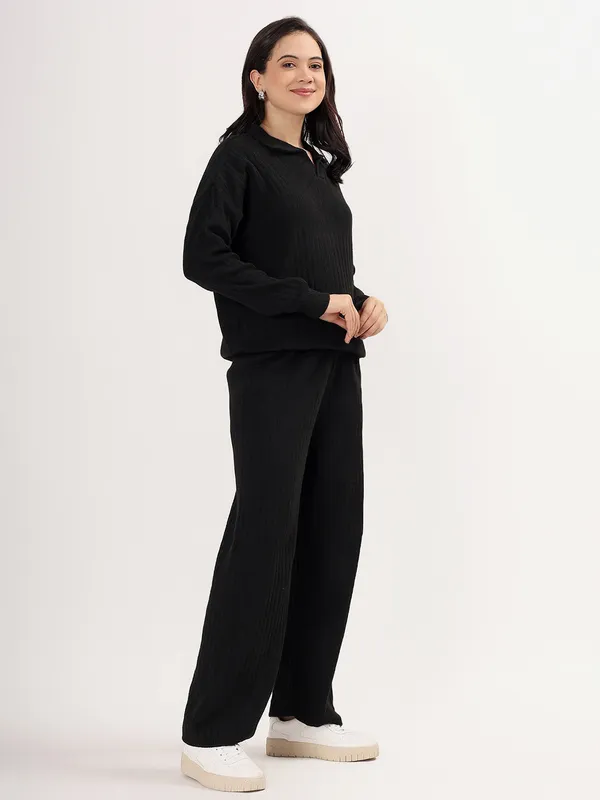 Black_Women_Winter_Lounge_Co-Ord_Set_Ribbed_Knit_Polo_Sweater_&_Wide_Leg_Pajama_Pants