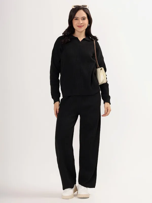 Black_Women_Winter_Lounge_Co-Ord_Set_Ribbed_Knit_Polo_Sweater_&_Wide_Leg_Pajama_Pants