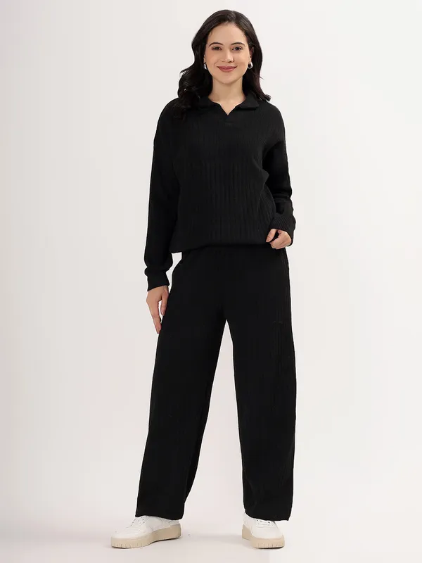 Black_Women_Winter_Lounge_Co-Ord_Set_Ribbed_Knit_Polo_Sweater_&_Wide_Leg_Pajama_Pants