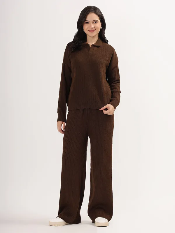 Brown_Women_Winter_Lounge_Co-Ord_Set_Ribbed_Knit_Polo_Sweater_&_Wide_Leg_Pajama_Pants