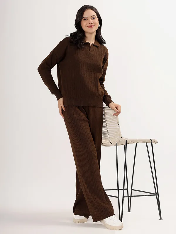 Brown_Women_Winter_Lounge_Co-Ord_Set_Ribbed_Knit_Polo_Sweater_&_Wide_Leg_Pajama_Pants