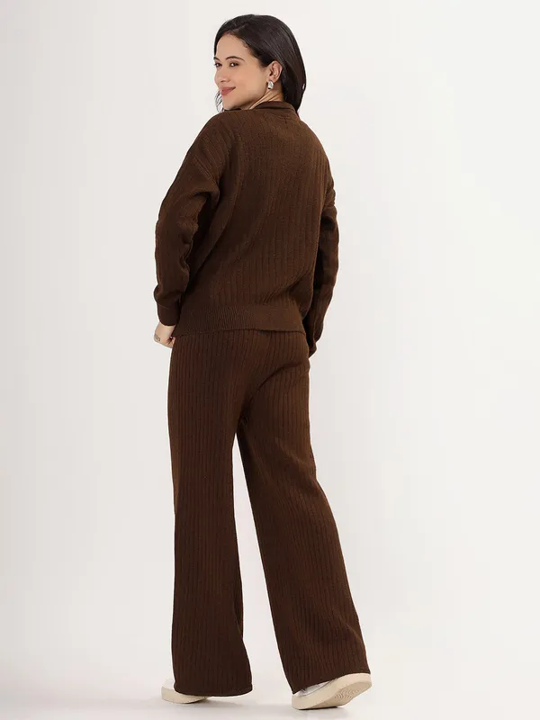 Brown_Women_Winter_Lounge_Co-Ord_Set_Ribbed_Knit_Polo_Sweater_&_Wide_Leg_Pajama_Pants
