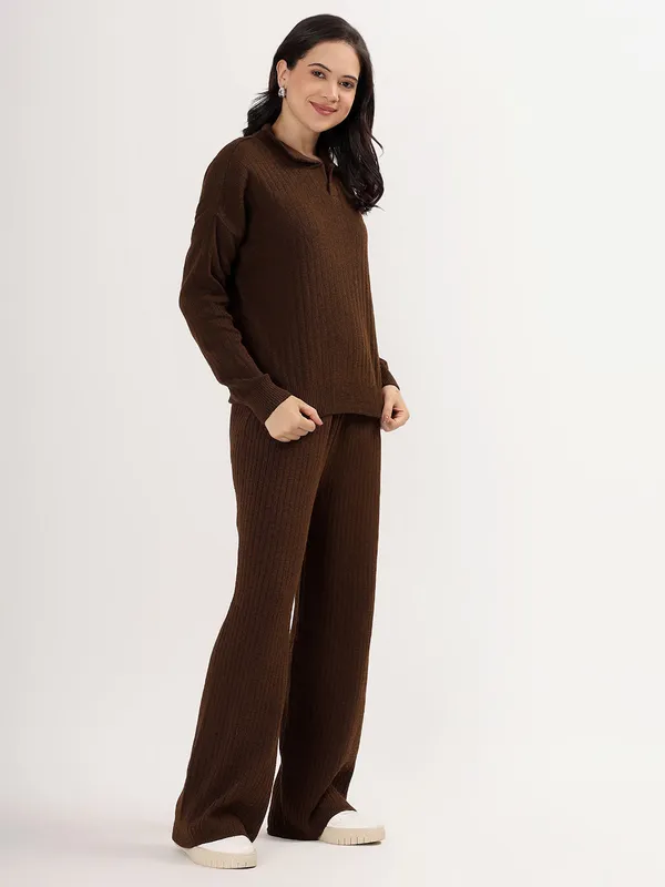 Brown_Women_Winter_Lounge_Co-Ord_Set_Ribbed_Knit_Polo_Sweater_&_Wide_Leg_Pajama_Pants