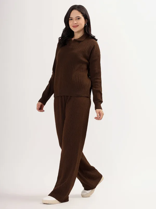 Brown_Women_Winter_Lounge_Co-Ord_Set_Ribbed_Knit_Polo_Sweater_&_Wide_Leg_Pajama_Pants