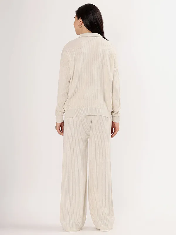 Cream_Women_Winter_Lounge_Co-Ord_Set_Ribbed_Knit_Polo_Sweater_&_Wide_Leg_Pajama_Pants