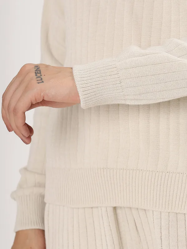 Cream_Women_Winter_Lounge_Co-Ord_Set_Ribbed_Knit_Polo_Sweater_&_Wide_Leg_Pajama_Pants