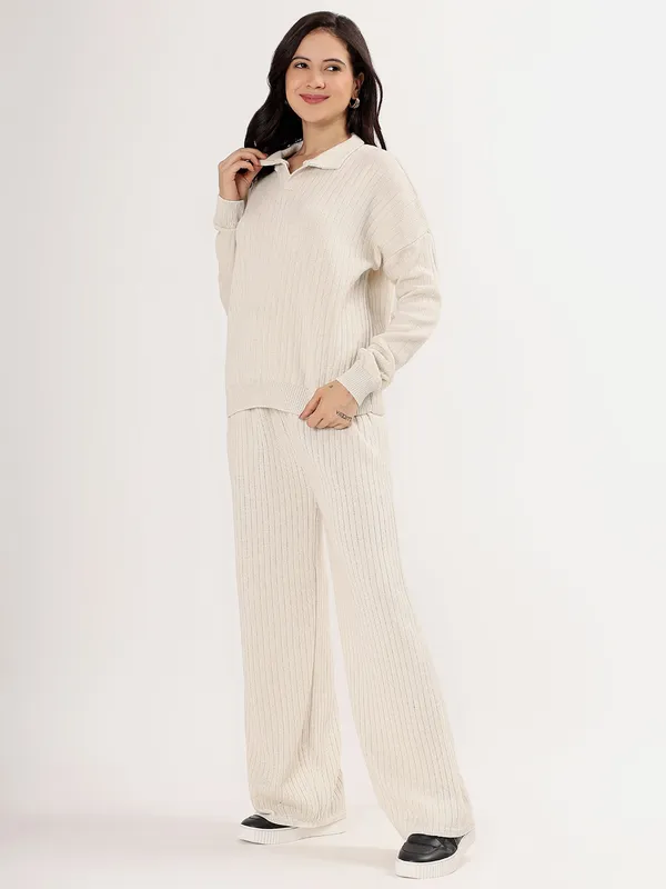 Cream_Women_Winter_Lounge_Co-Ord_Set_Ribbed_Knit_Polo_Sweater_&_Wide_Leg_Pajama_Pants
