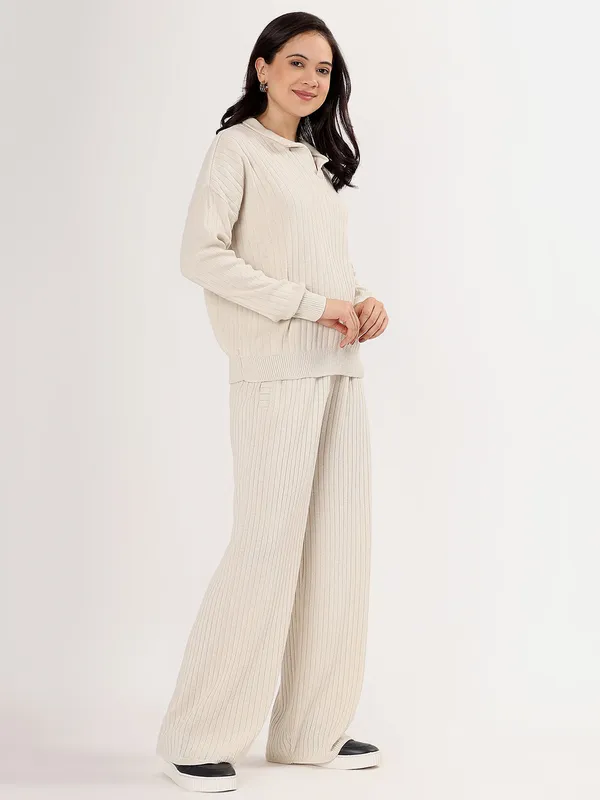Cream_Women_Winter_Lounge_Co-Ord_Set_Ribbed_Knit_Polo_Sweater_&_Wide_Leg_Pajama_Pants