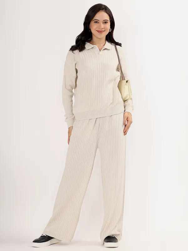 Cream_Women_Winter_Lounge_Co-Ord_Set_Ribbed_Knit_Polo_Sweater_&_Wide_Leg_Pajama_Pants