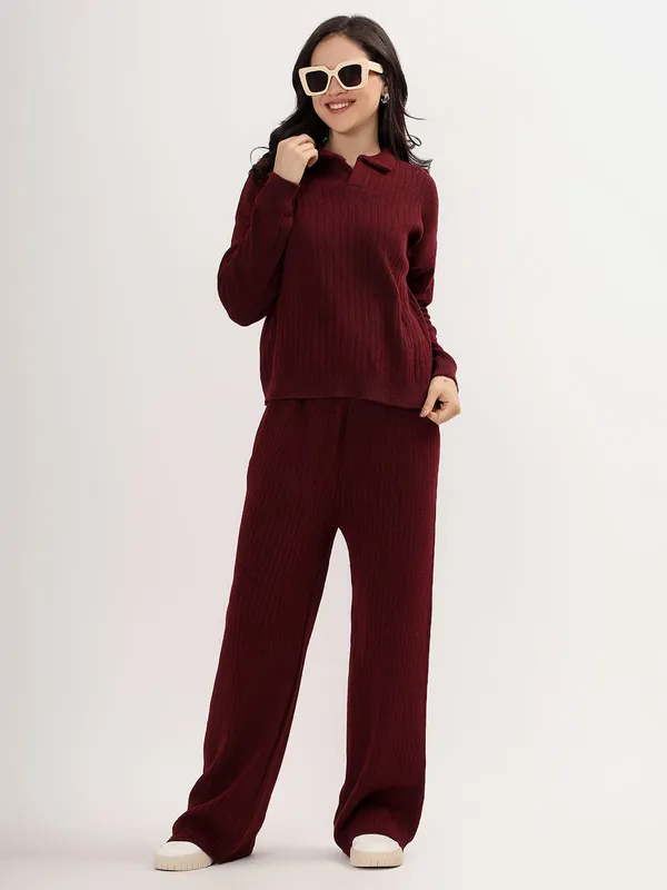 Wine_Women_Winter_Lounge_Co-Ord_Set_Ribbed_Knit_Polo_Sweater_&_Wide_Leg_Pajama_Pants